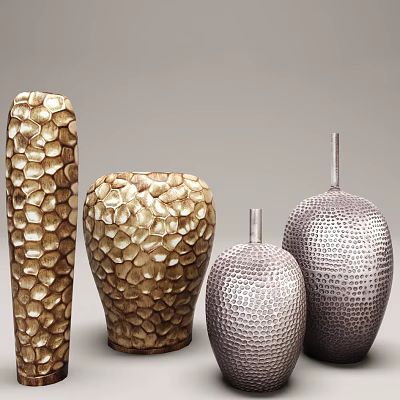 Modern Textured Vases in Gold and Silver Finish for Home Decor Design 3d model