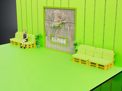 Green Themed Room Interior With Elephant Display Board Person Sitting On Sofa And Plants 3d model