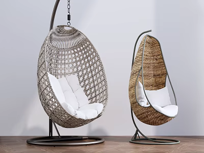 Modern Woven Hanging Chairs With White Cushions And Metal Stands For Indoor Use 3d model