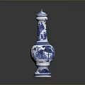 Carved Blue And White Vase Sculpture With Intricate Floral Patterns And Decorative Details