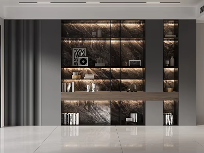 Modern Contemporary Bookcase Interior Design With LED Lighting Marble Accents And Decorative Books 3d model