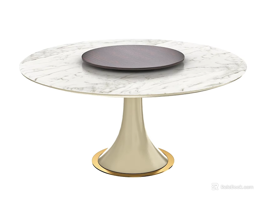 Elegant Round Dining Table With White Marble Tabletop Dark Lazy Susan And Gold Base 3d model