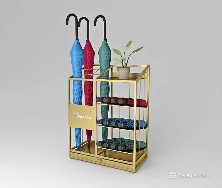 Golden Tretto Umbrella Stand With Three Colored Umbrellas Shoe Storage And Small Plant 3d model 