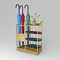 Golden Tretto Umbrella Stand With Three Colored Umbrellas Shoe Storage And Small Plant