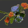 Decorative Green Wine Bottle With Red Poppies And Blue Hydrangeas Arrangement