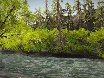 Serene River Landscape With Lush Green Trees And Distant Mountains 3d model