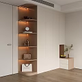 Modern Wooden Wardrobe Design With Open Shelves Warm Lighting And Decorative Items