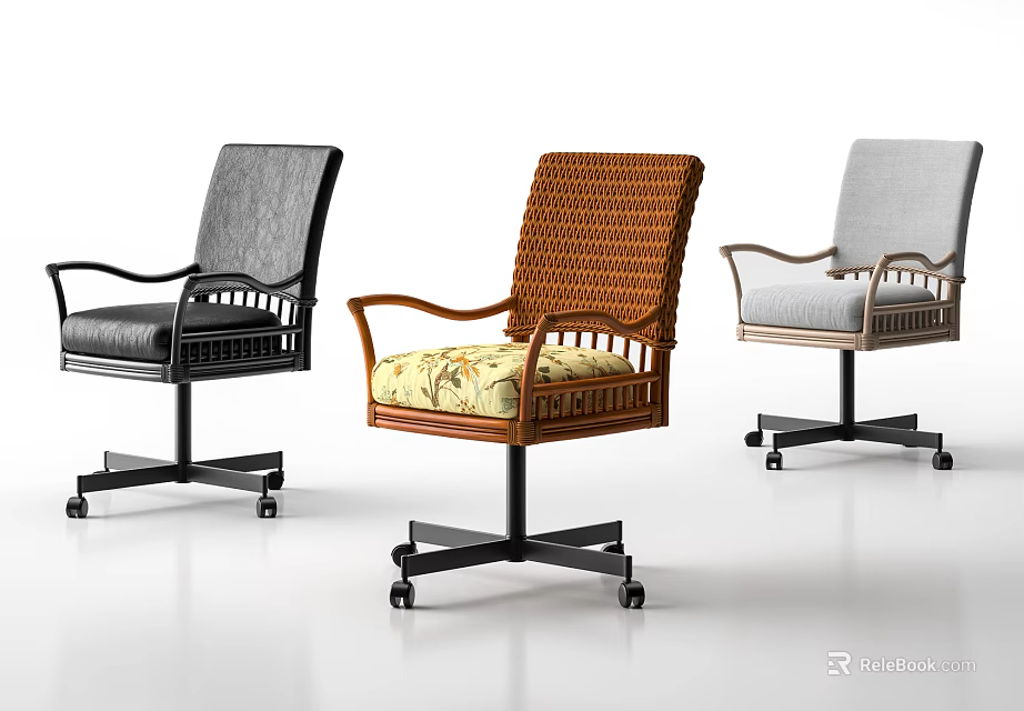 Three Different Office Chairs With Woven Fabric Armrests And Wheeled Bases 3d model 