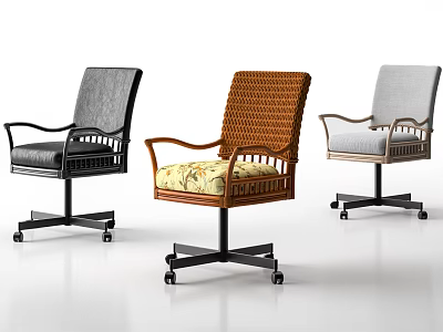 Three Different Office Chairs With Woven Fabric Armrests And Wheeled Bases 3d model