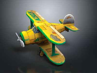 Yellow Biplane Toy Model With Green Accents Cartoon Style And Dual Wings Propeller 3d model