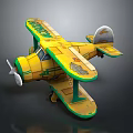 Yellow Biplane Toy Model With Green Accents Cartoon Style And Dual Wings Propeller