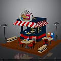 Colorful Food Stall Setup With Red White Striped Awning Tables Chairs Street Lamps And Benches