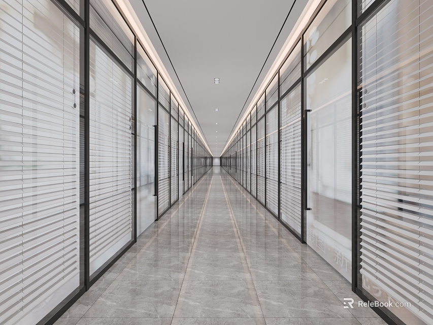 Modern Office Corridor Design With Glass Partitions Roller Blinds And Polished Marble Floor 3d model 