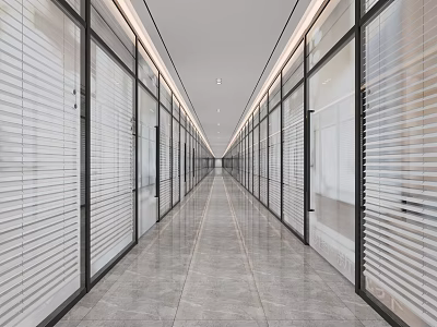 Modern Office Corridor Design With Glass Partitions Roller Blinds And Polished Marble Floor 3d model