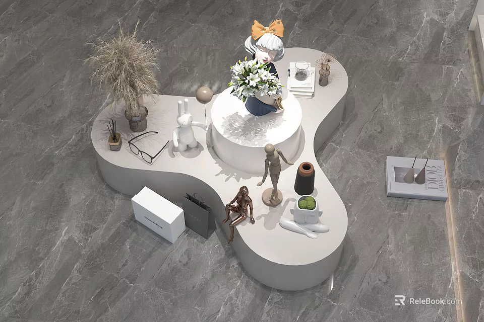 Modern White Display Shelf With Potted Plants Vase Sculptures And Decorative Items 3d model 