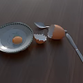 Cracked Egg With Yolk On Ceramic Plate And Kitchen Utensils On Wooden Table