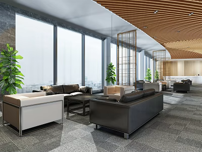 Modern Lounge Area With Large Windows Comfortable Sofas Green Plants And Wooden Ceiling 3d model