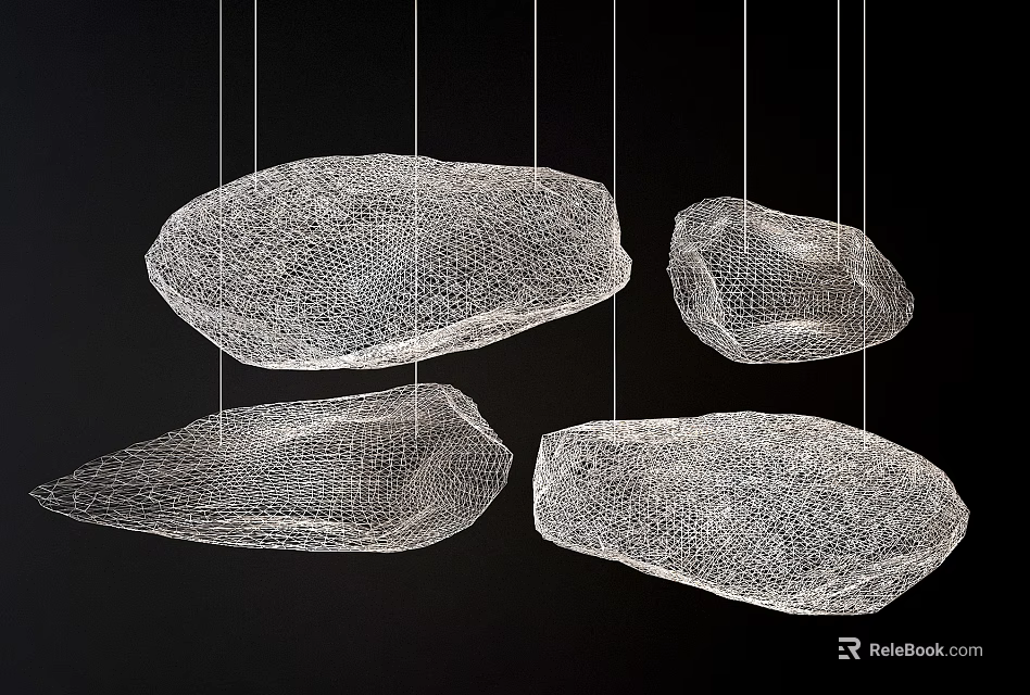 Four Hanging Chandeliers With White Mesh Structure And Irregular Shapes On Black Background 3d model 