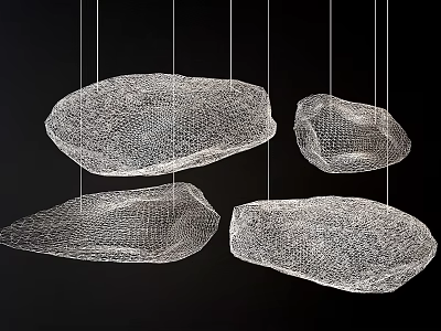 Four Hanging Chandeliers With White Mesh Structure And Irregular Shapes On Black Background 3d model