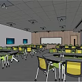 Modern School Meeting Room With Round Table Green Chairs Large Screens And Wooden Walls