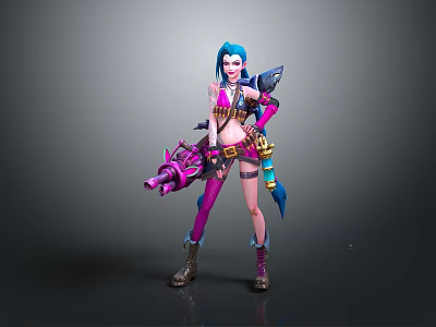 Detailed Colorful 3D Female Character With Blue Hair Purple Pink Outfit And Mechanical Weapon 3d model