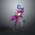 Detailed Colorful 3D Female Character With Blue Hair Purple Pink Outfit And Mechanical Weapon
