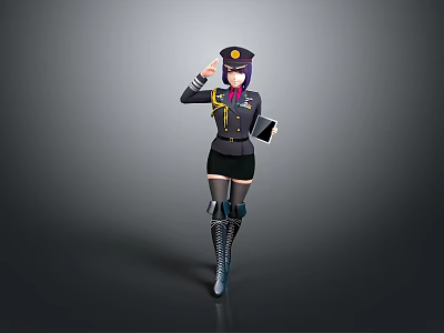Female Character In Police Style Uniform Saluting With Purple Hair Notebook And Boots 3d model