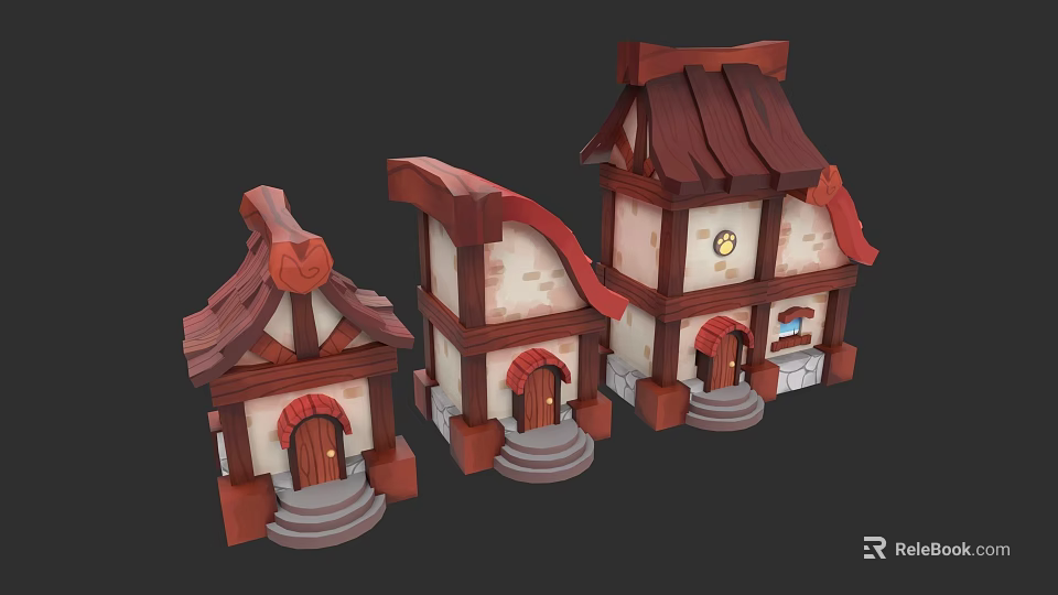 Cartoon Style Detached Villas with Different Sizes Brown Roofs Red Accents and Door Steps 3d model 
