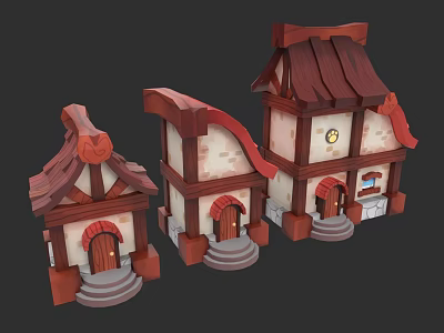 Cartoon Style Detached Villas with Different Sizes Brown Roofs Red Accents and Door Steps 3d model