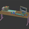 Office Equipment Setup on Wooden Table with Computer Monitor Keyboard Mouse and Cables