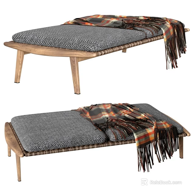 Wooden Frame Daybed With Gray Cushion And Plaid Fringe Blanket 3d model 