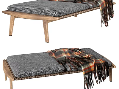 Wooden Frame Daybed With Gray Cushion And Plaid Fringe Blanket 3d model
