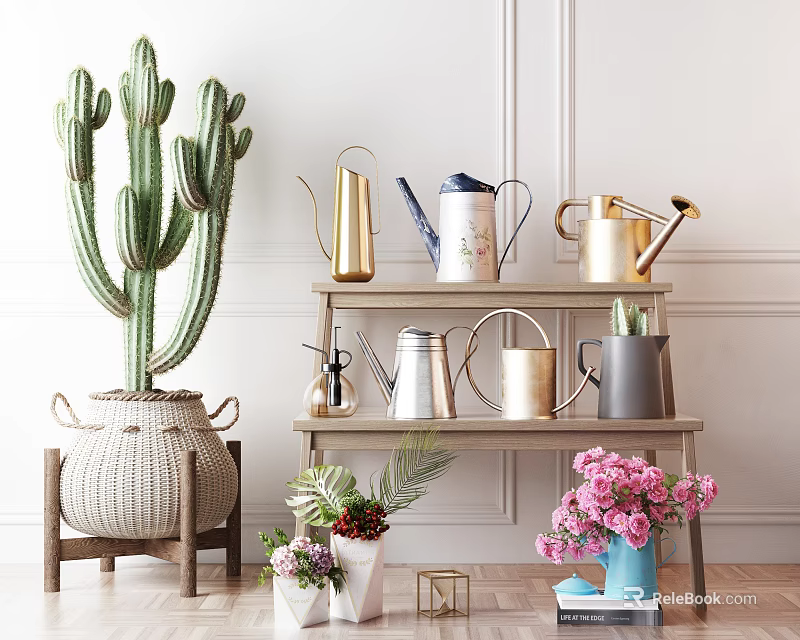 Home Living Essentials Featuring Colorful Watering Cans Woven Basket And Potted Plants On Wooden Shelf 3d model 