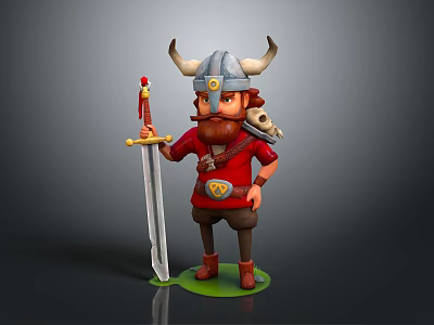 Cartoon Viking Warrior With Horned Helmet Red Beard And Small Creature Holding Sword 3d model