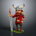 Cartoon Viking Warrior With Horned Helmet Red Beard And Small Creature Holding Sword