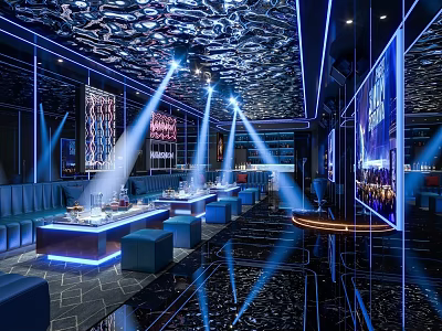 Modern KTV Private Room Interior With Blue Lighting Sofas And Screens 3d model