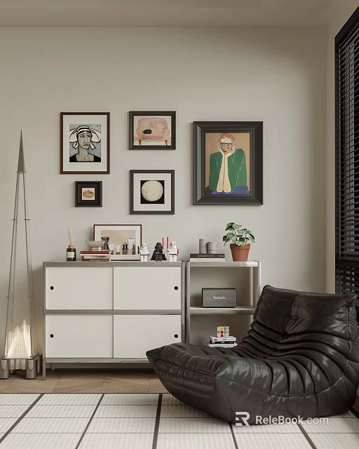 Modern Console Sideboard In Living Room With Framed Art Potted Plant And Decorative Books 3d model 