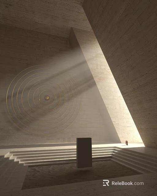 Modern Commercial Equipment In Light Concrete Interior With Gold Circular Decor And Natural Light Beams 3d model 