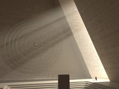 Modern Commercial Equipment In Light Concrete Interior With Gold Circular Decor And Natural Light Beams 3d model