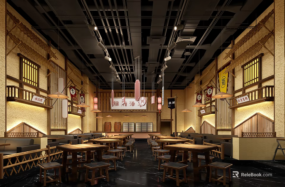 Spacious Traditional Chinese Hotpot Restaurant With Wooden Tables Lanterns And Decorations 3d model 
