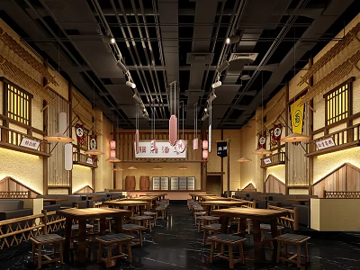 Spacious Traditional Chinese Hotpot Restaurant With Wooden Tables Lanterns And Decorations 3d model