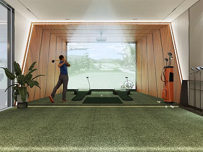 Modern Entertainment Room With Golf Practice Large Screen Course Display Clubs Mats And Green Carpet 3d model