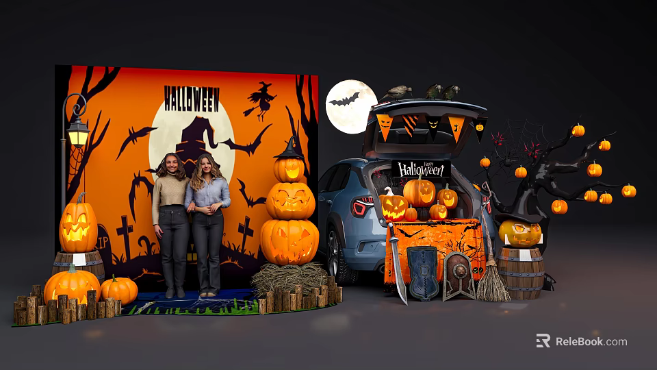 Halloween Scene With Women Jack O Lanterns Car And Decorative Backdrop 3d model 