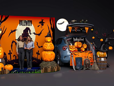 Halloween Scene With Women Jack O Lanterns Car And Decorative Backdrop 3d model