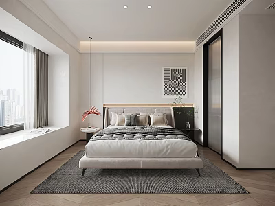 Modern Bedroom Interior With King Size Bed Area Rug And Decorative Painting 3d model
