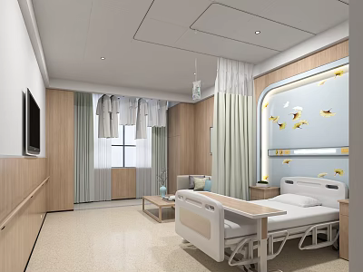 Comfortable Modern Hospital Outpatient Ward With Bed TV Wooden Decor And Butterfly Wall Art 3d model