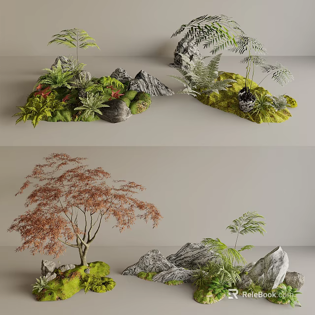 Garden Landscape Design With Red Maple Tree Various Plants And Natural Stone Elements 3d model 