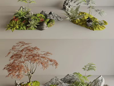 Garden Landscape Design With Red Maple Tree Various Plants And Natural Stone Elements 3d model