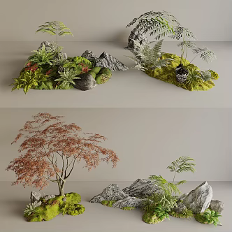 Modern courtyard landscape sketch garden landscape plant pile landscape plant landscaping red maple landscape stone ferns 3d model