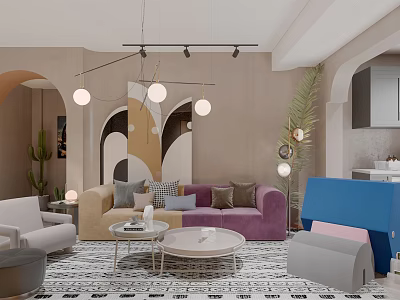 Stylish Living And Dining Room Interior With Colorful Sofas Geometric Rug And Hanging Lights 3d model